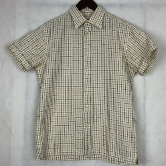 Perry Ellis Mens Short Sleeve Button Down Shirt Beige Size Medium Plaid Pocket - Picture 2 of 8